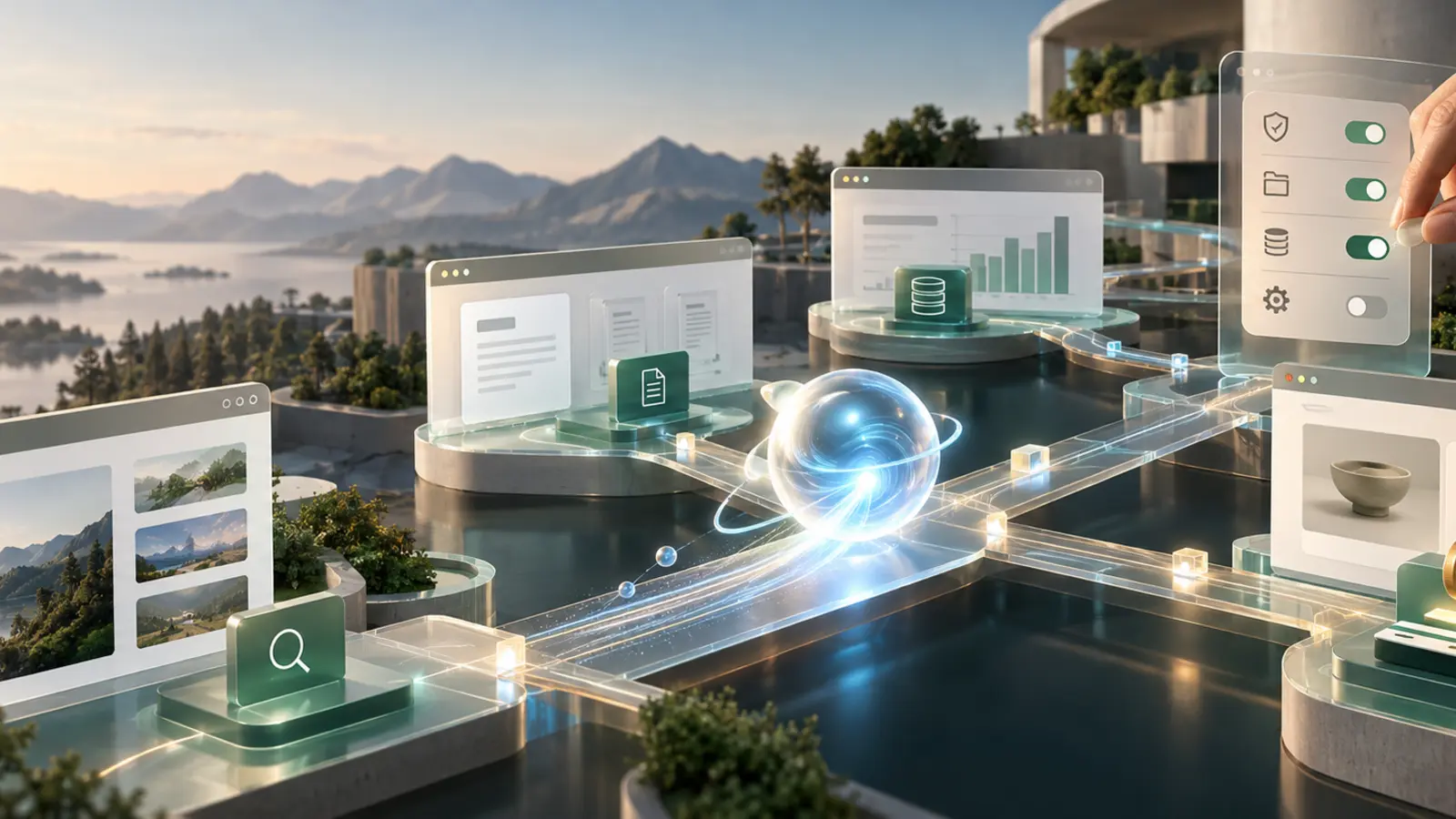 An abstract AI agent moving through structured website tools while a person controls permissions